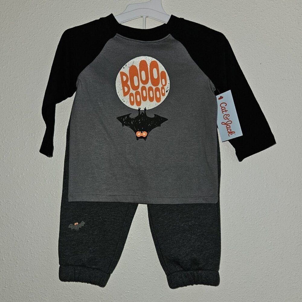 NEW Boo Bats Halloween Outfit Shirt Pants Baby 12 Months Black Gray Cat & Jack